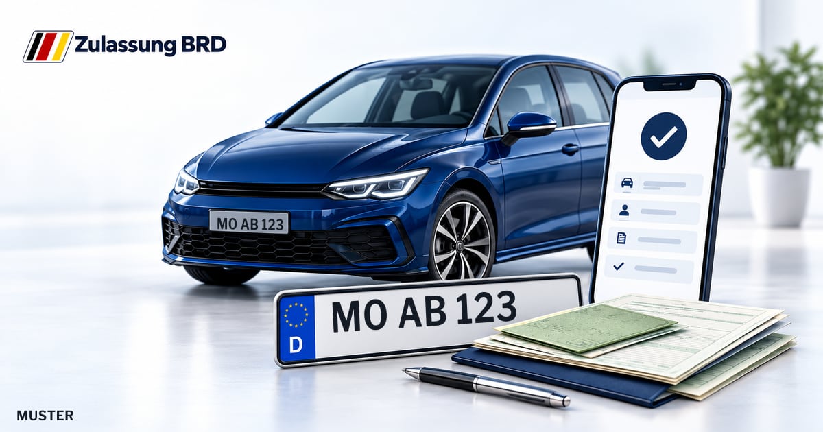 Online Fahrzeugzulassung in Voerde (Niederrhein): Musterkennzeichen MO AB 123, Auto und Fahrzeugpapiere und Smartphone. Illustration mit Logo von Zulassung BRD.